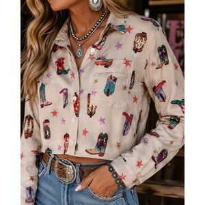 Nylon Apparel Womens Large Tan Cowboy Boot Star Print Cropped Western Shirt